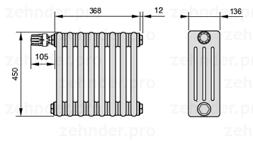 Схема (чертеж) Радиатор Zehnder Charleston 4045/8 №V011 Белый глянцевый RAL 9016
